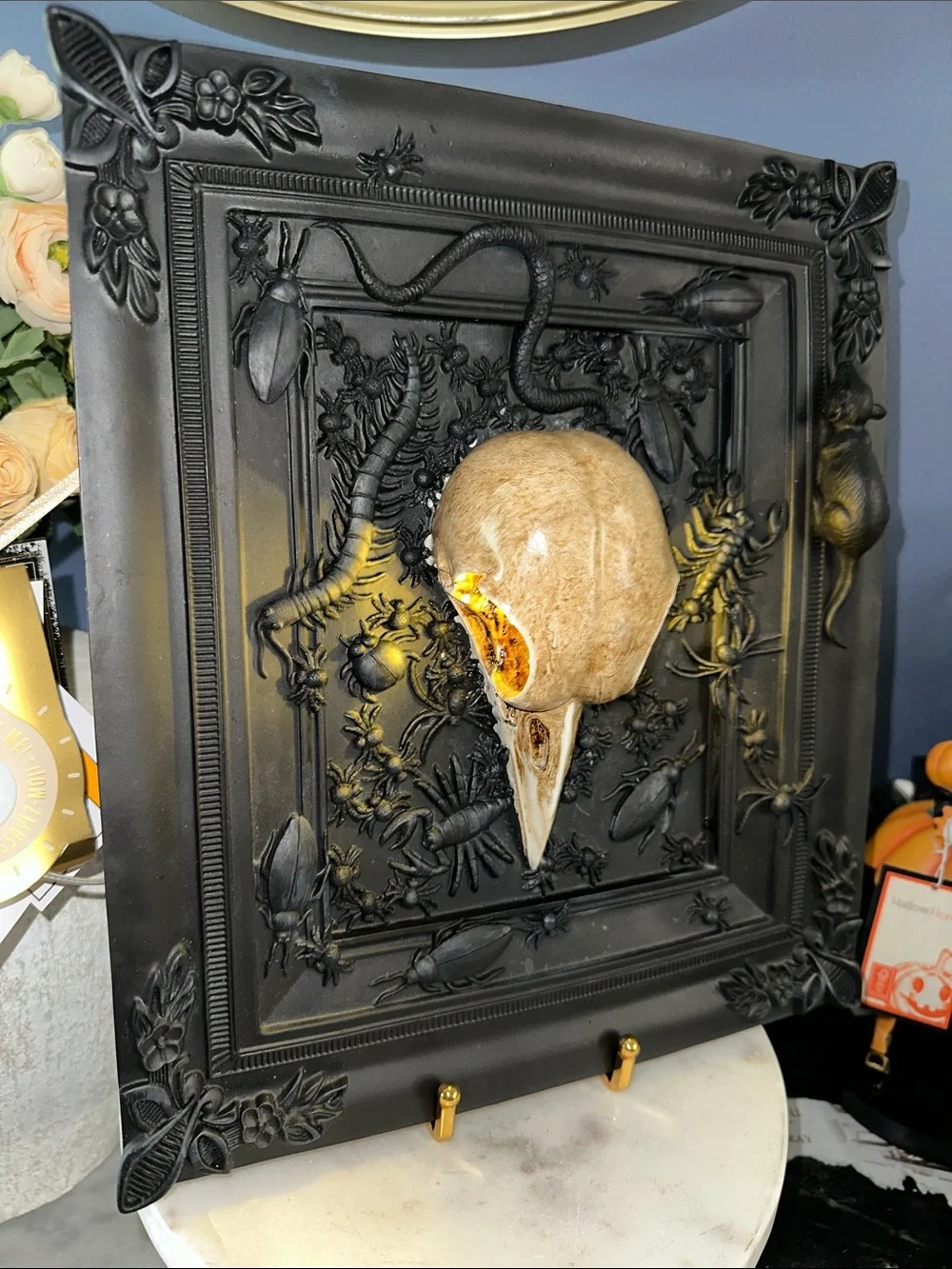 Black Ornate 3D Wall Plaque with Gold Bird Skull Accent lights up Crow skull